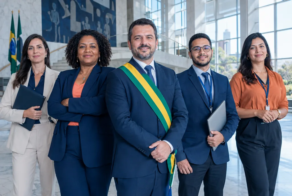 Grupo de profissionais do setor público em um prédio institucional